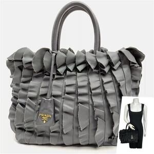 Rare PRADA Tessuto Ruffle Tote Bag Gray w/ Keychain Gold Hardware